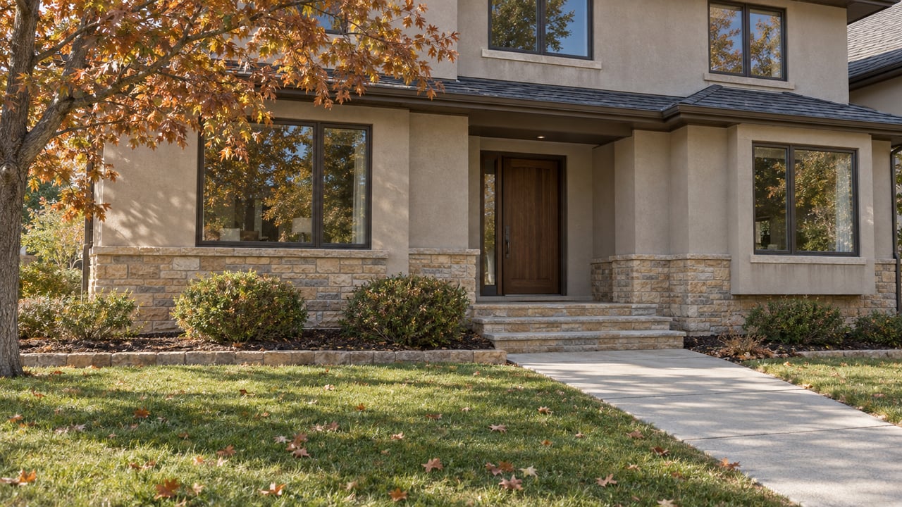 Autumn sunlight on a two-story stucco and sandstone home, with a broad lawn, concrete approach and recessed wood front door.