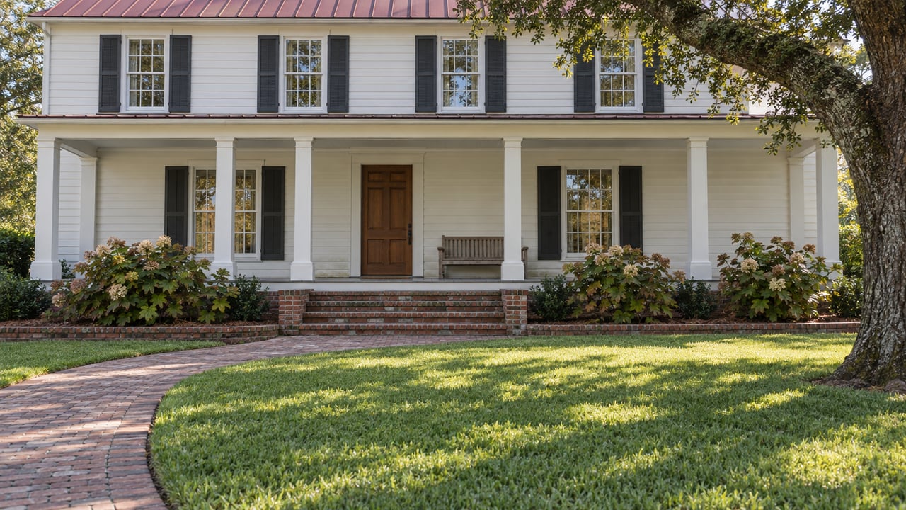 White timber-sided home with a red metal roof, broad front veranda, brick approach and mature live oak beside a deep green lawn.
