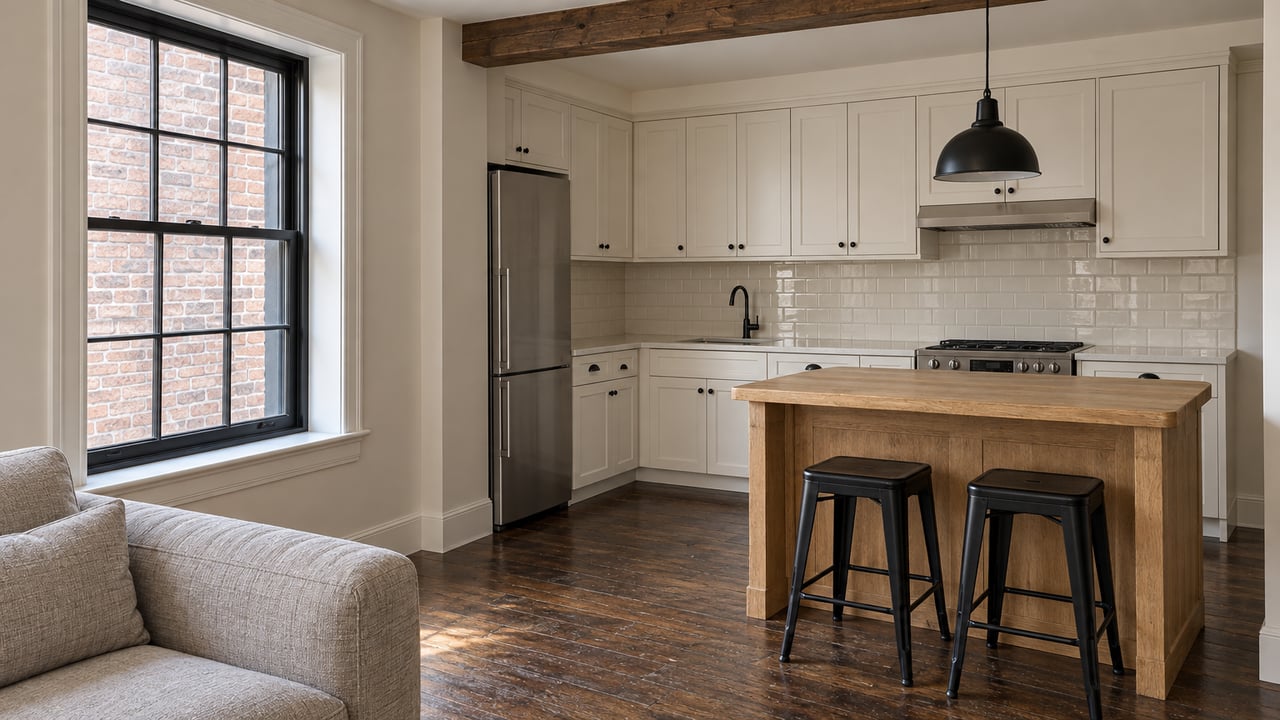 Compact apartment kitchen with warm-white cabinets, a natural-oak island, dark wood floors and daylight through a black-framed window.