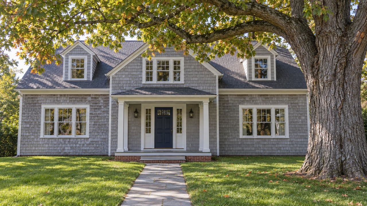 A mature oak spreads over a two-story shingle house, with a bluestone walk crossing the deep front lawn.
