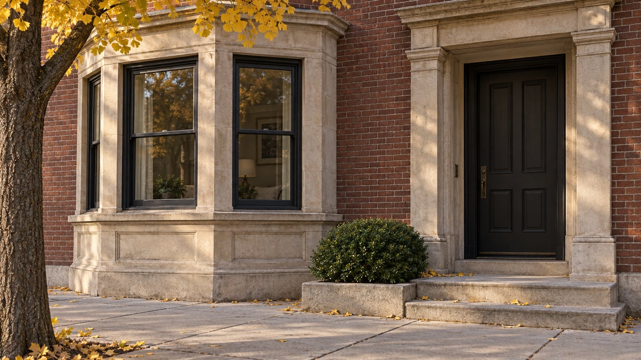 Historic red-brick residence with a recessed limestone entry, bay windows, and yellow ginkgo leaves on the steps.