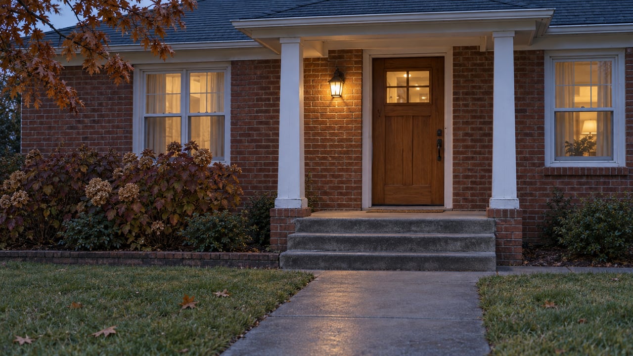 A brick cottage entry at blue hour, with warm porch light, concrete steps and autumn oakleaf hydrangeas beside the front walk.