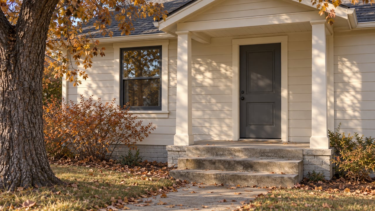Bungalow entry with cream siding, a charcoal door, concrete steps, and autumn leaves beneath an oak.