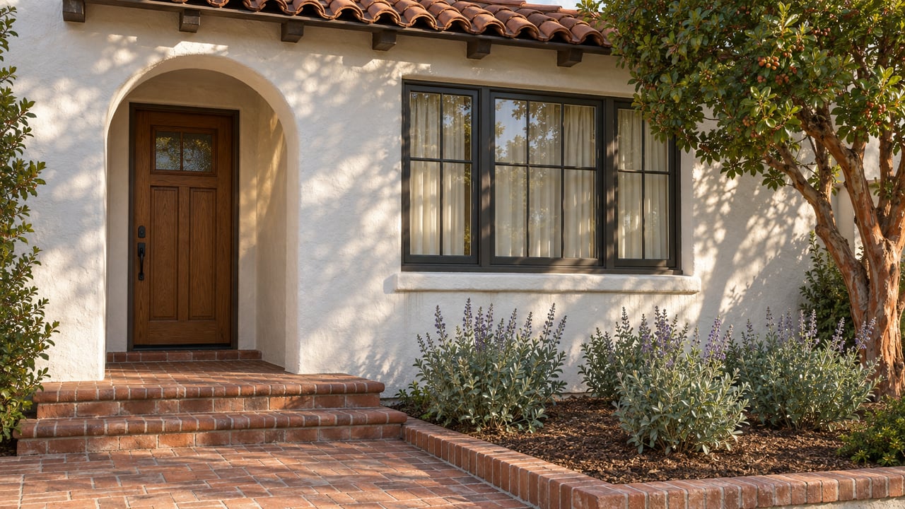 White stucco home with an arched oak doorway, red clay roof tiles, dark-framed window and worn brick entry steps beside a planted bed.