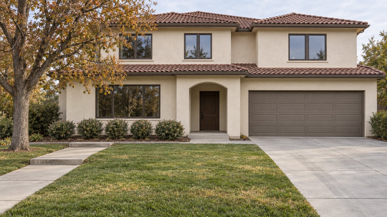 Two-story warm stucco home with a tiled roof, bronze-framed windows, a broad lawn and a mature oak in autumn daylight.