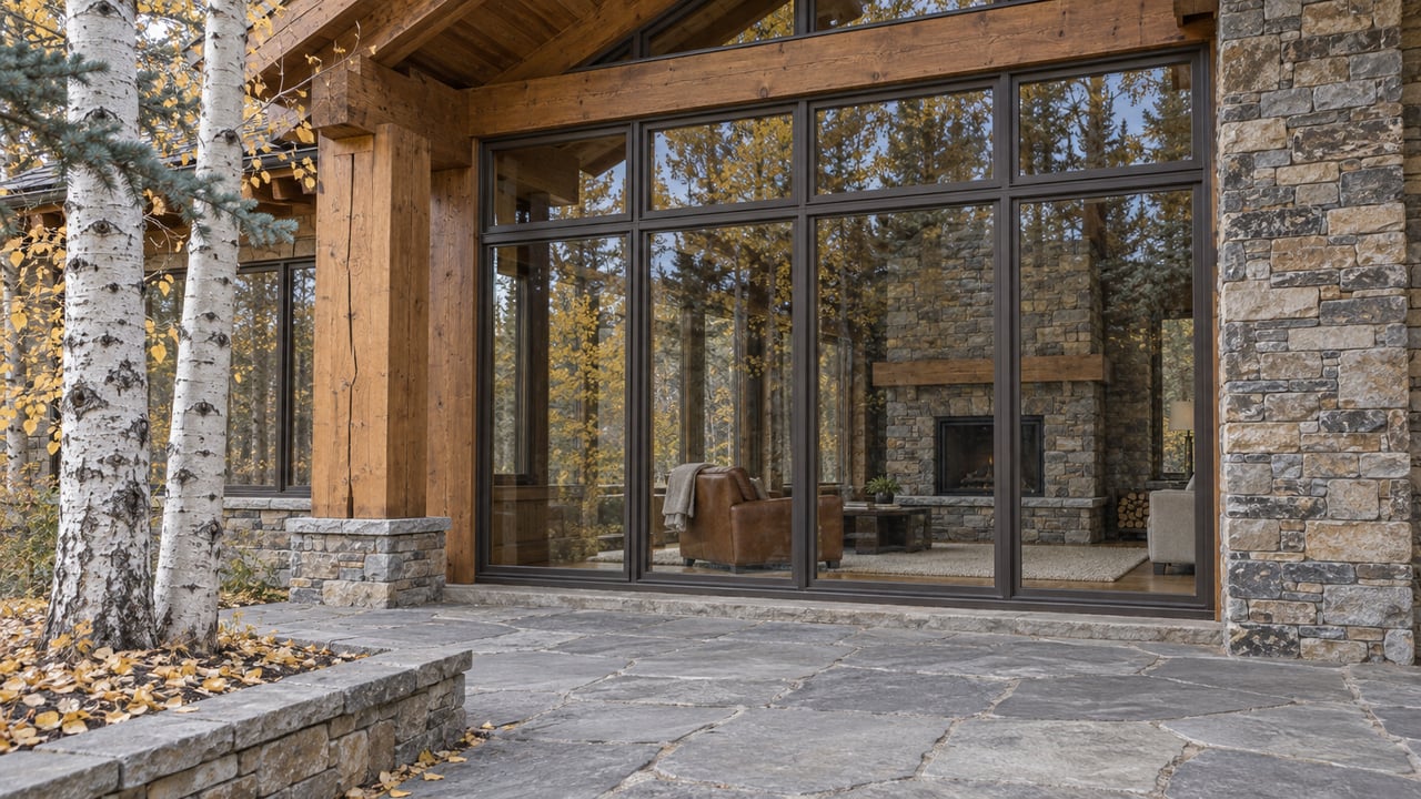 A timber-and-stone home with tall gridded windows, a gray stone terrace and gold-leaved white-barked trees in cool autumn light.
