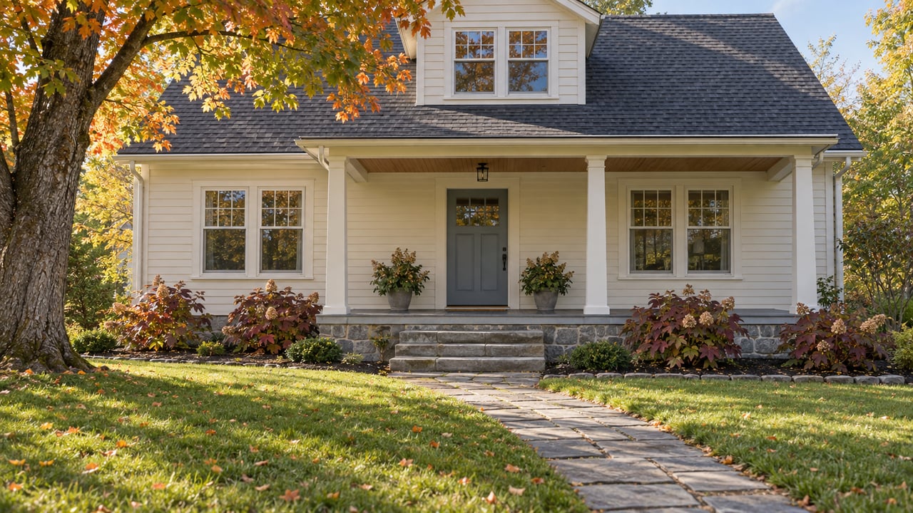 Ivory-sided home with a covered porch, stone approach and deep autumn lawn beside an orange-leaved maple.