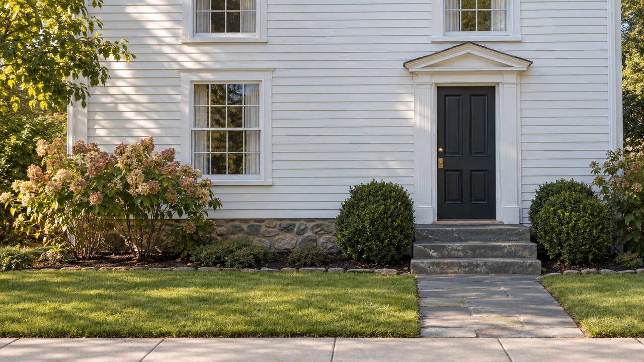 White clapboard house with a dark paneled door, bluestone steps, clipped shrubs, and a short lawn.
