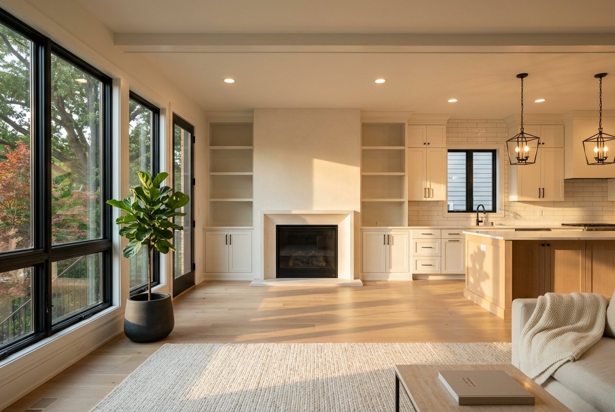 Open-plan great room and kitchen with a fireplace, black-framed windows, and warm natural light.