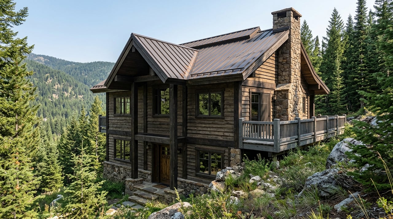 Two-story cedar mountain cabin with stone chimney and timber deck on a forested slope.