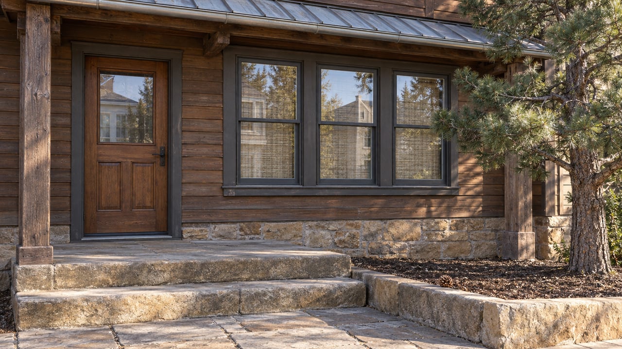 Weathered wood home entrance and three framed windows above sandstone steps, with a sculptural pinyon pine beside the porch.