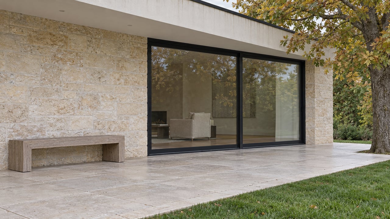 Limestone terrace beside a contemporary home's dark-framed glass doors, with an oak bench and autumn oak at the lawn edge.