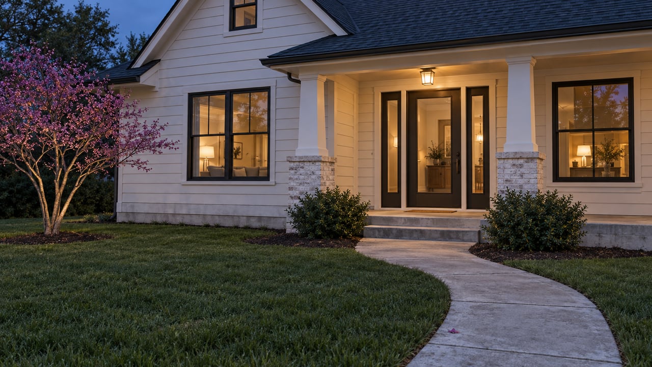 Off-white suburban house with a dark gable, glowing entry sidelights, and a curved walkway across the lawn.