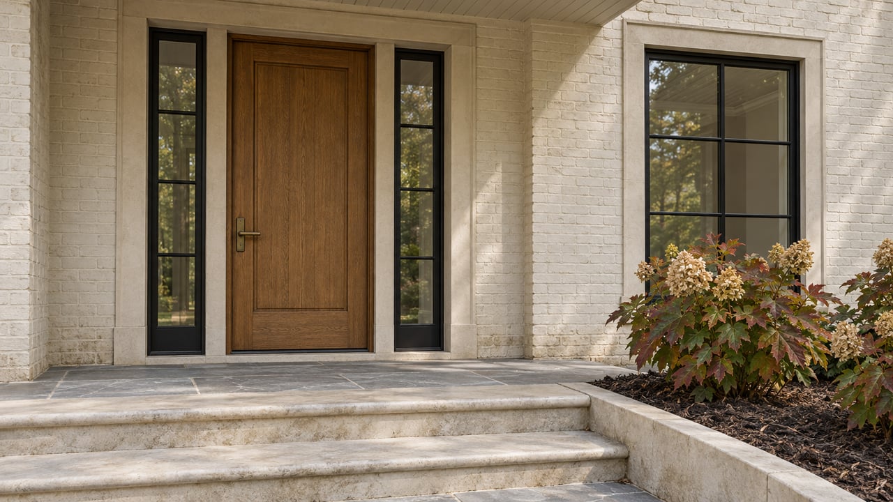 An oak front door with paired black-framed sidelights, ivory painted brick and limestone steps beside autumn oakleaf hydrangeas.