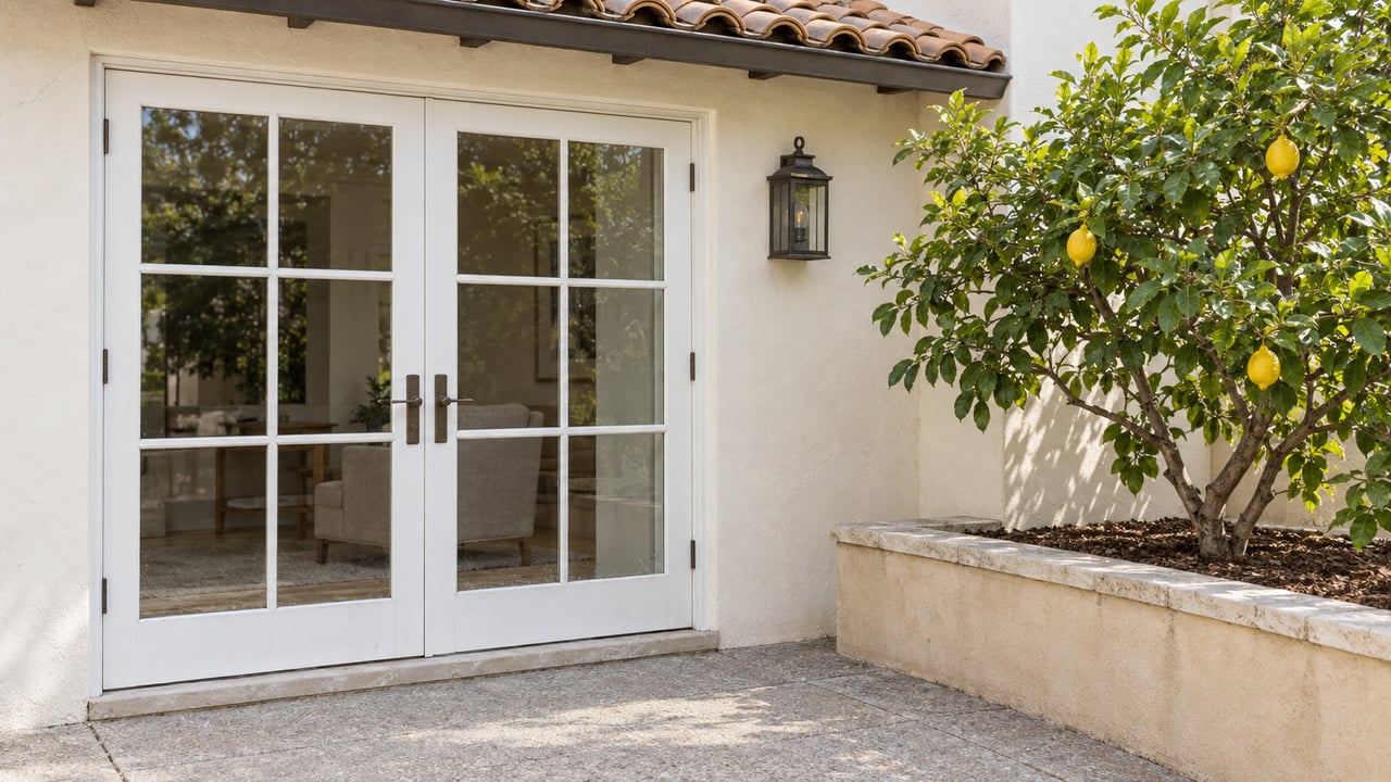 Cream stucco home with clay-tile eaves, closed divided-light terrace doors, warm gray paving and a lemon tree in a raised masonry planter.