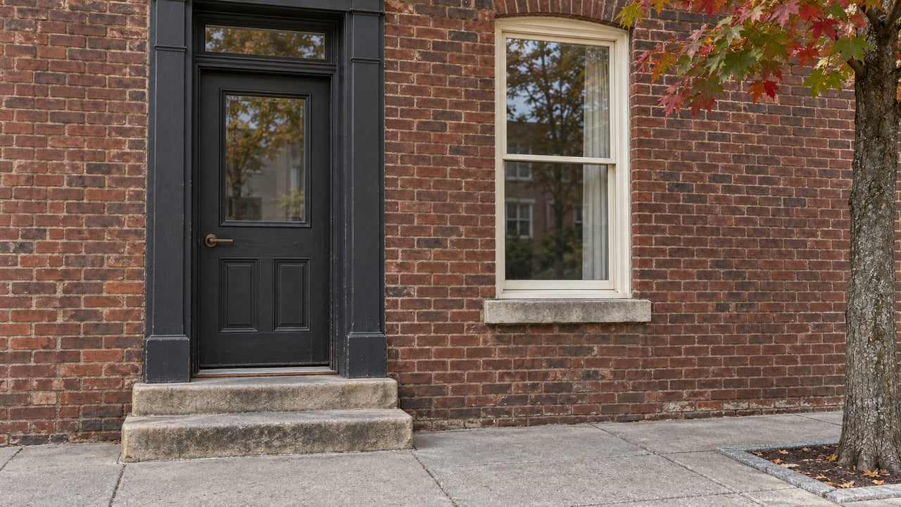 Brown-red brick townhouse entrance with charcoal door, ivory sash window and worn limestone steps beside a red maple.