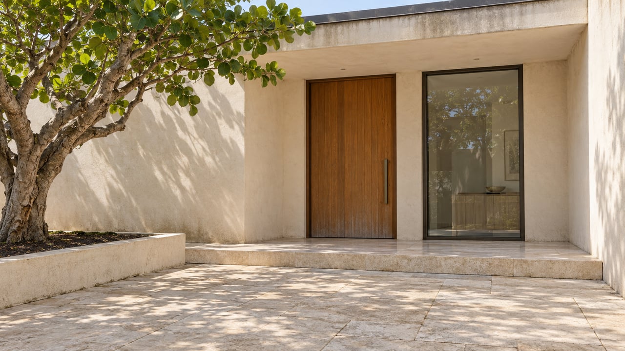 Sunlit limestone courtyard leading to a teak entry door beneath an ivory concrete overhang, with a sculptural sea grape tree in a raised masonry bed.