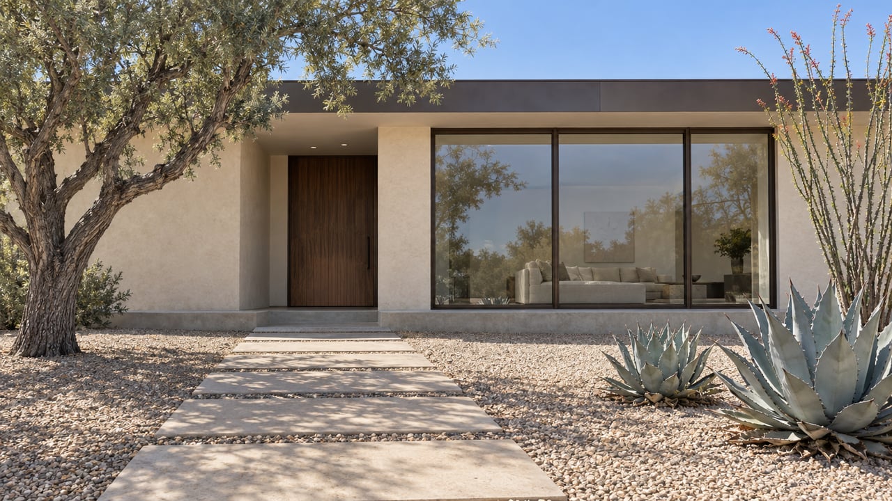 Low-roof stucco home with bronze-framed glazing, a gravel garden, desert ironwood and silver-blue agaves.