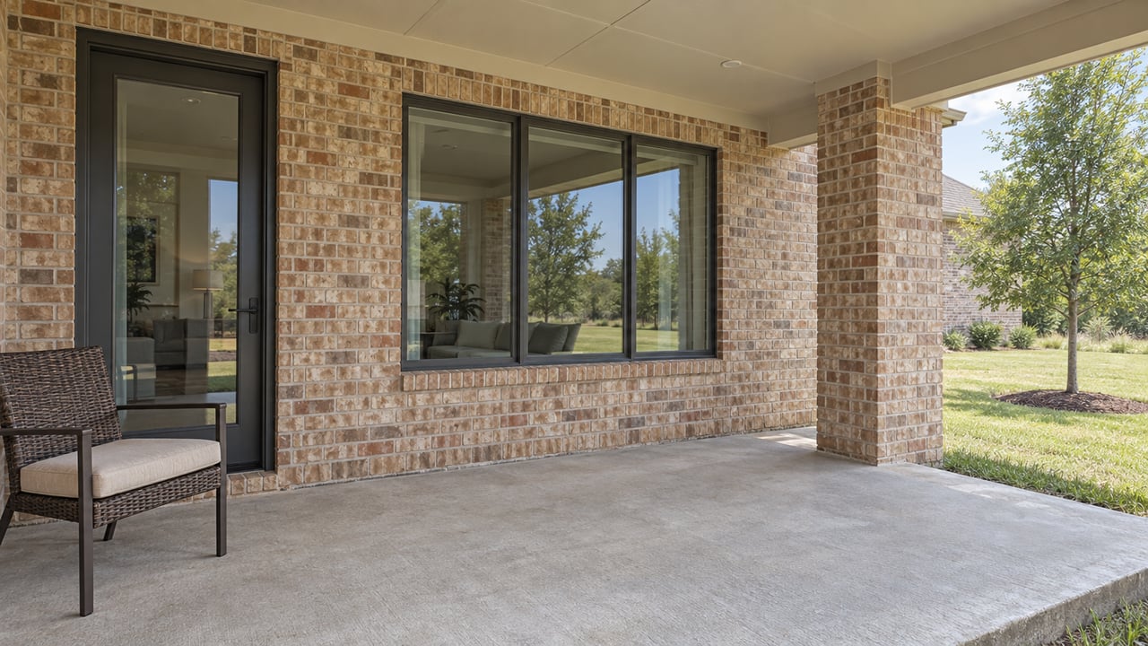 Covered brick patio with enclosed glass door and window, a woven outdoor chair and a sunlit lawn beyond the masonry support pier.