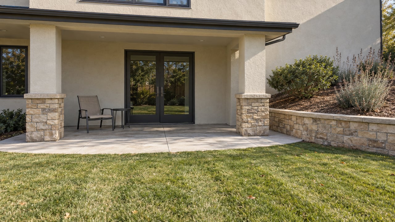 Cream stucco home with a stone-trimmed covered patio, closed dark-framed glass doors, an established lawn and a low stone planting terrace.