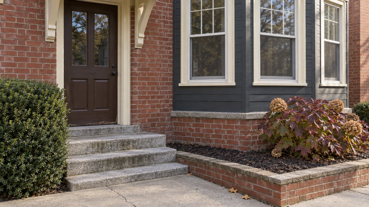 Brick residential entry with worn granite steps, a charcoal-painted bay window, and burgundy oakleaf hydrangea foliage in soft autumn daylight.