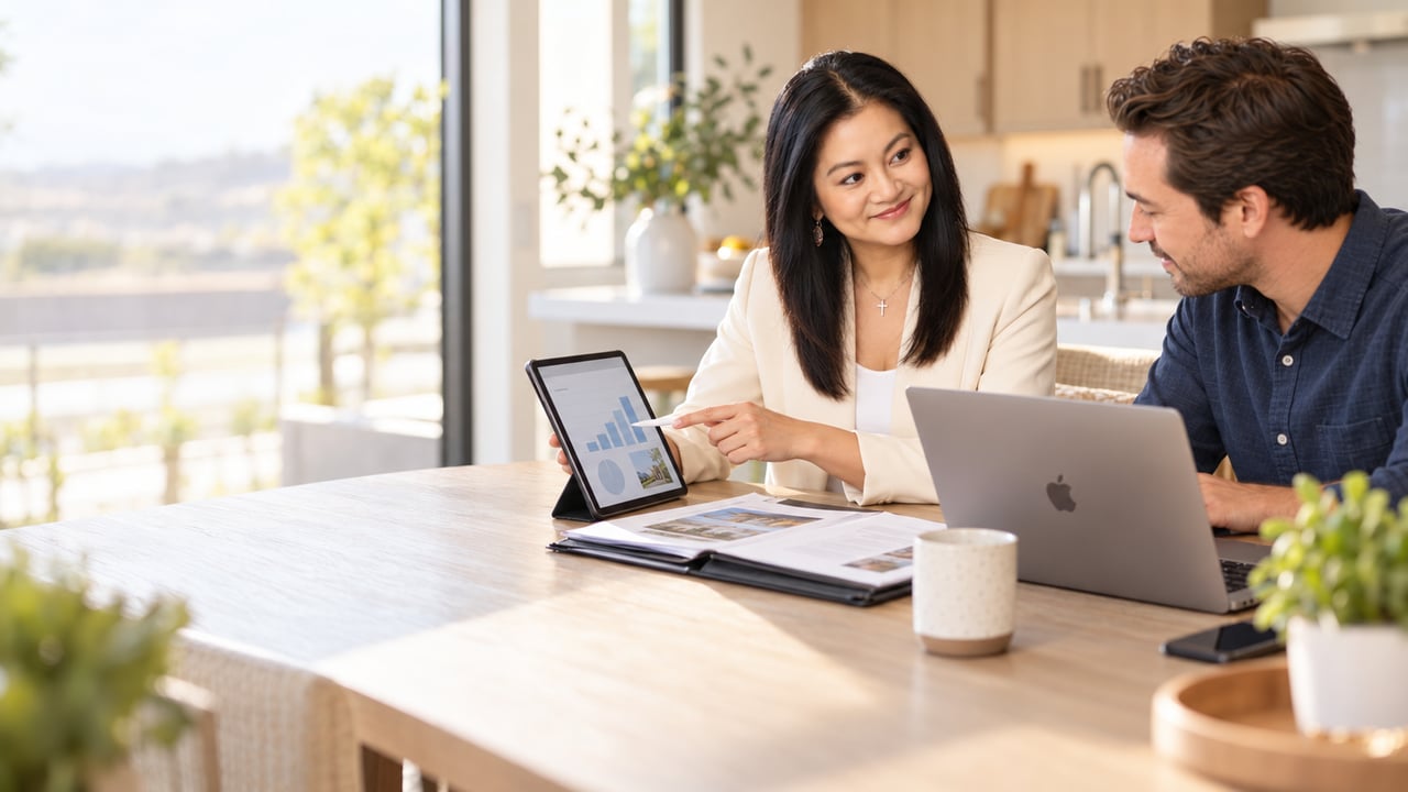 Susanna reviewing a home search with a buyer at a kitchen table