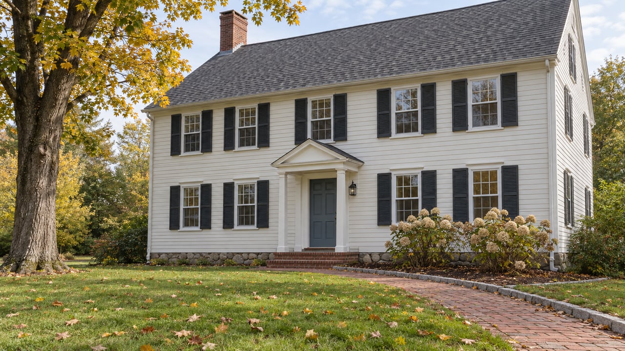 Clapboard house with a brick entry, broad autumn lawn, and a mature maple beside the facade.