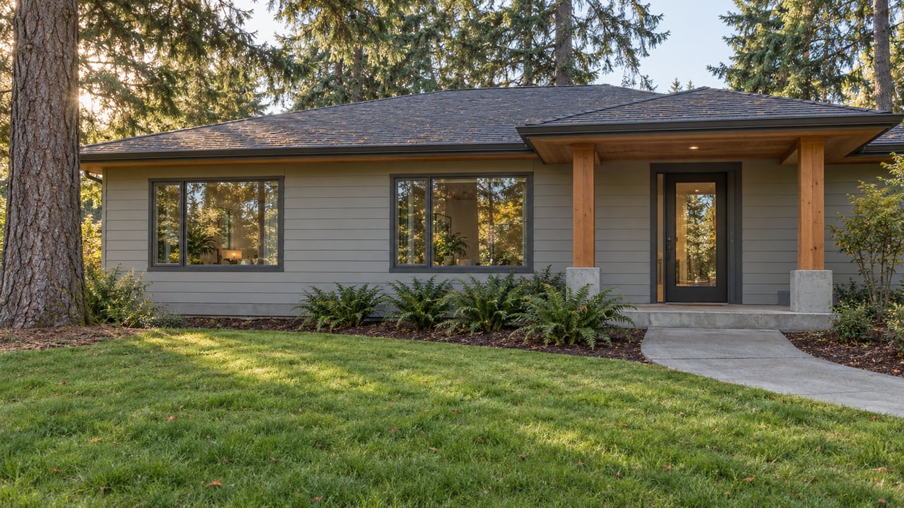 A modest single-storey home with cedar porch details and a deep autumn lawn framed by mature conifers.