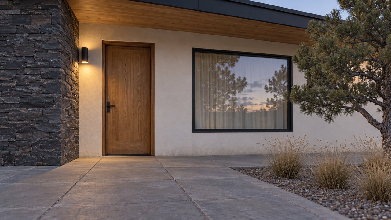 A contemporary home's sheltered oak entry at dusk, beside charcoal stone, black-framed glass and a sculptural pine in a gravel planting bed.