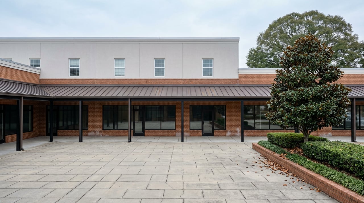 Two-story brick-and-stucco retail arcade with storefronts, a paved plaza, and a magnolia tree beside a raised planter.