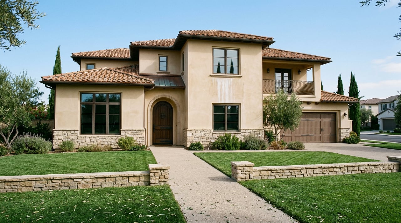 Two-story stucco house with a terra-cotta tile roof, arched iron-banded door, stone facade, and broad front lawn.