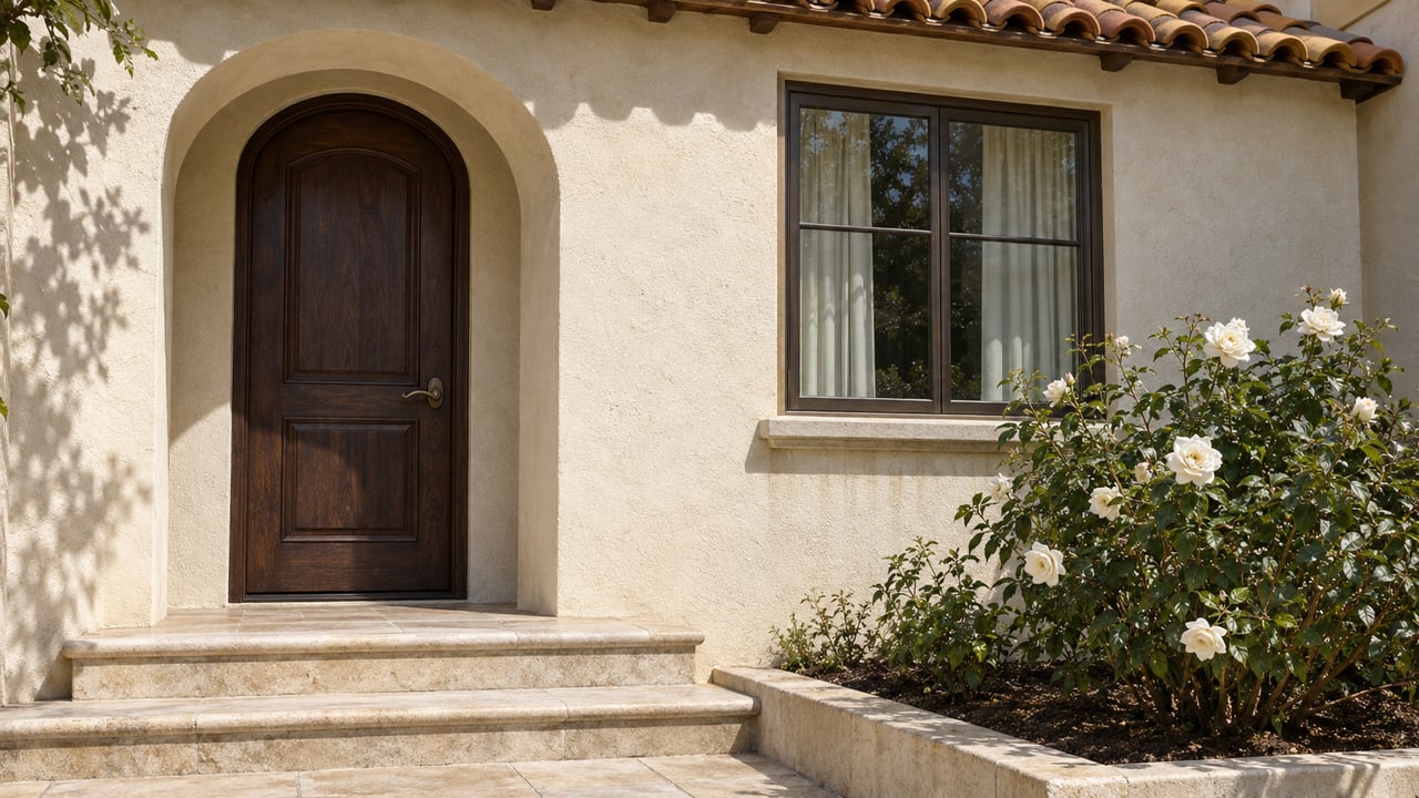 Sunlit cream stucco entrance with a closed oak door, clay tile eave, bronze-framed window and white flowering rose beside stone steps.