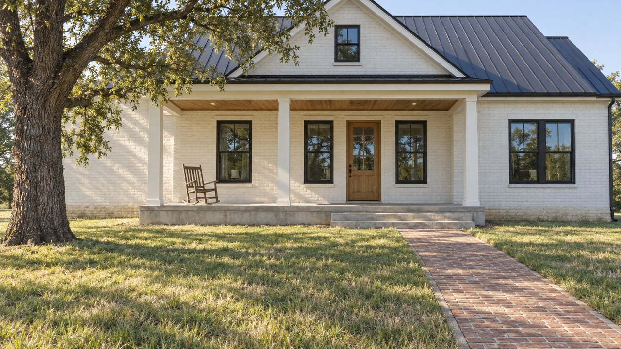 White brick farmhouse with a covered porch, dark metal roof, and brick walkway beneath a large tree.