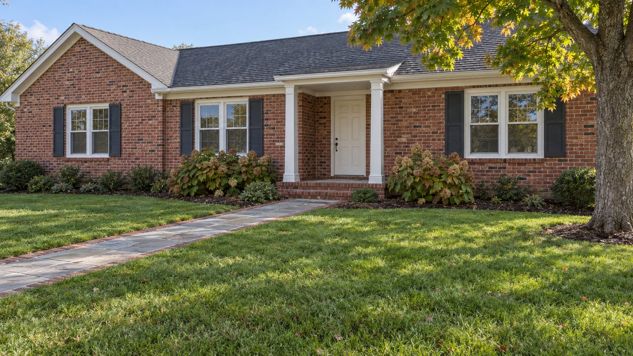 One-story red-brick home with a broad lawn, limestone walk, white entry porch, and a mature maple with early autumn color.