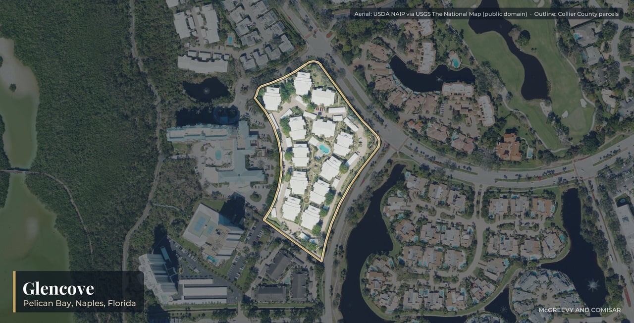 Aerial view of Glencove at Pelican Bay, Naples, Florida, with its parcels outlined