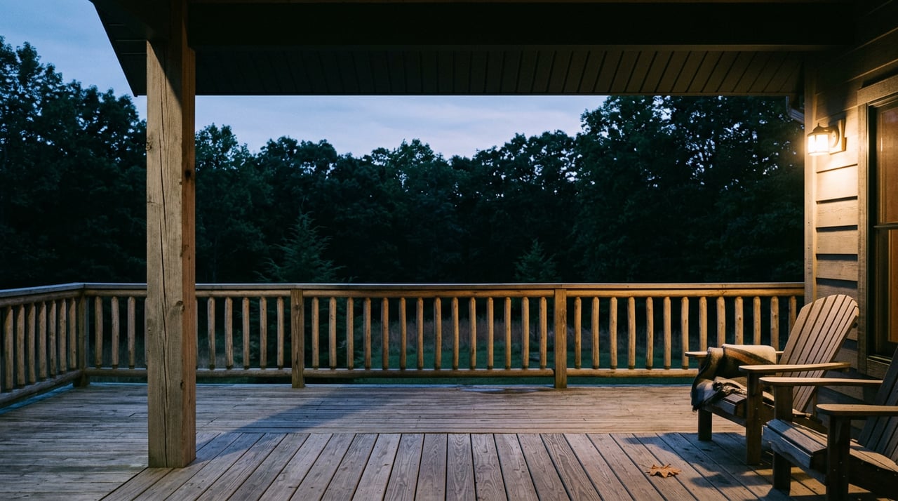 Mountain-home porch at dusk, with a warm-lit post, two Adirondack chairs, and a dark tree line beyond the railing.