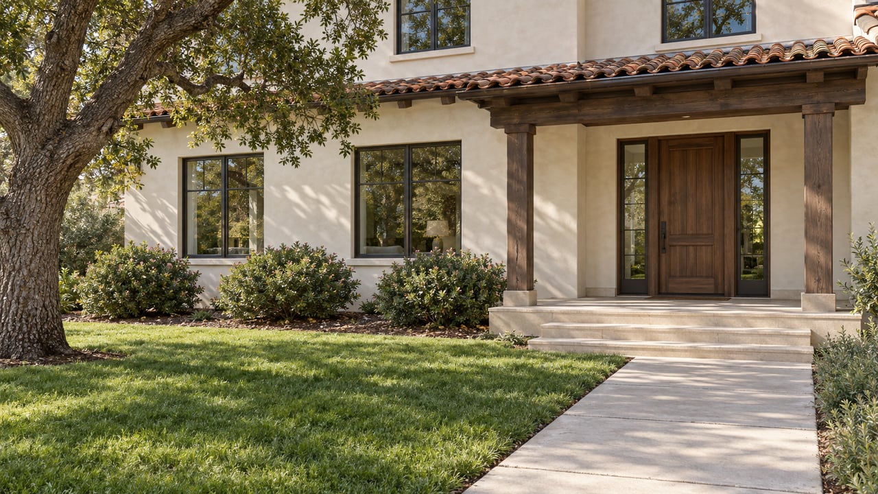 Sunlit stucco home with an oak entry door, limestone porch, mature oak tree and a broad garden approach.