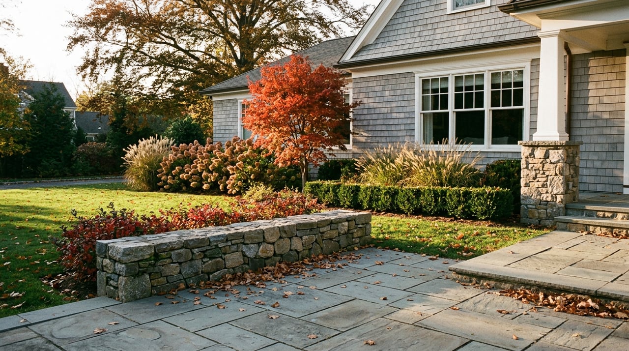 Autumn garden with a red-orange Japanese maple, tan hydrangeas, and ornamental grasses before a shingle-sided home.