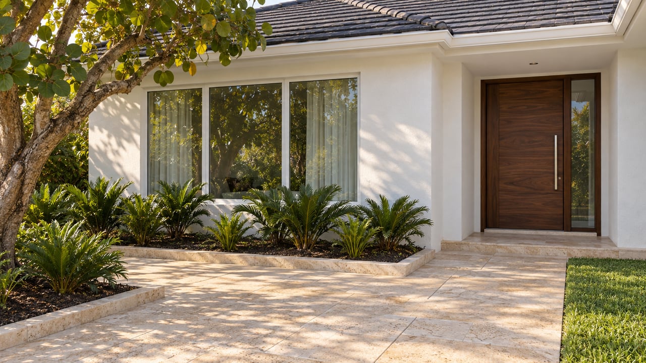Modern white home entrance with a dark wood door, tiled roof, and tropical landscaping.