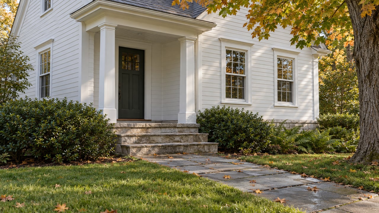 White clapboard house with a recessed timber door, bluestone steps, garden beds, and amber maple leaves.