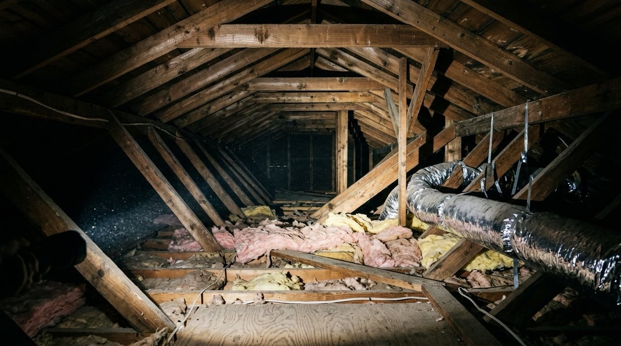Flashlight beam on attic rafters, insulation and ductwork during a Texas home inspection