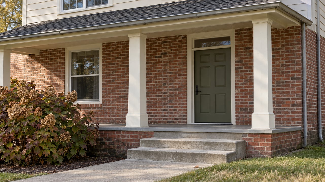 Brick-and-clapboard house entrance with an olive wood door, worn gray porch boards, concrete steps and autumn oakleaf hydrangea.
