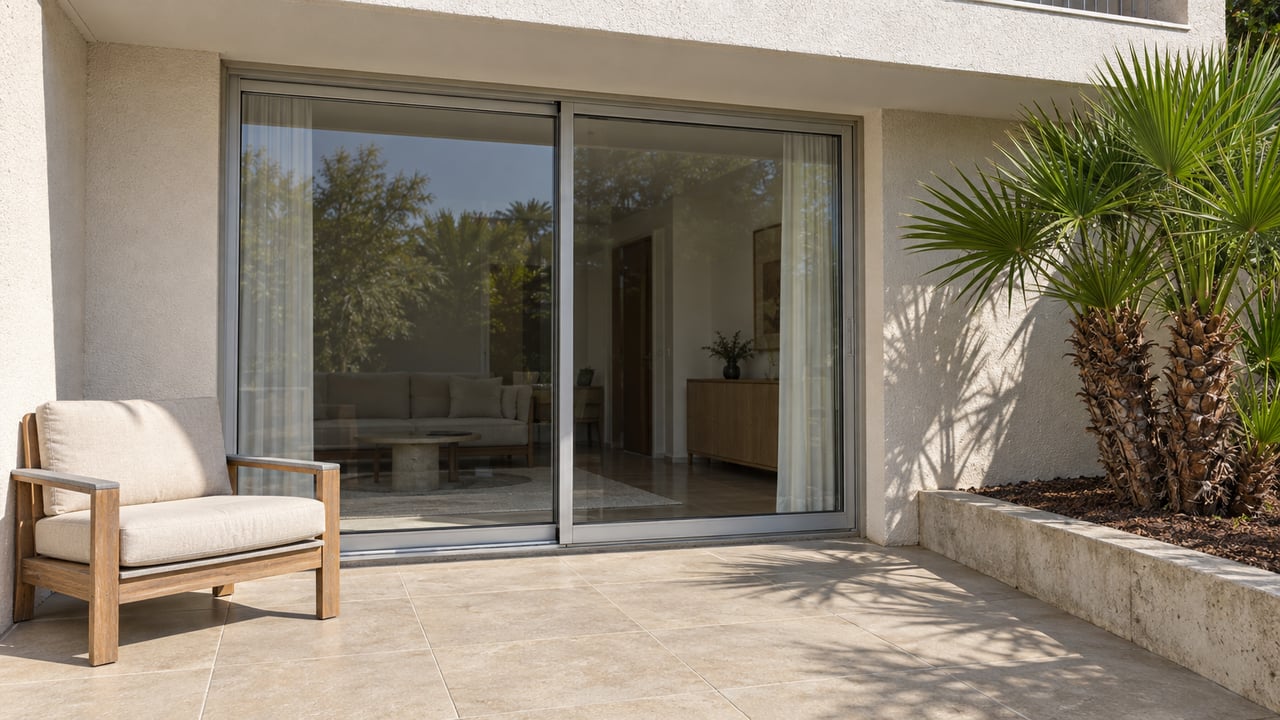 Sunlit condominium terrace with ivory stucco, closed glass doors, sand-colored tile, a teak chair, and a fan palm in a raised concrete bed.