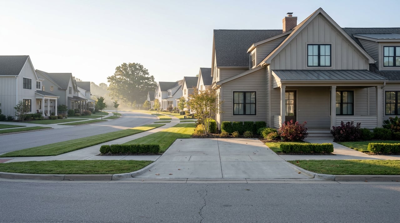 Curving subdivision street lined with modern farmhouse homes, driveways, clipped hedges, and a broad oak in morning light.