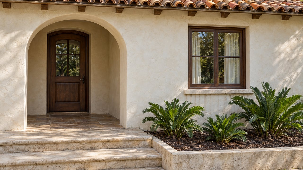 Cream stucco home with a recessed arched oak entrance, weathered terracotta roof tiles, limestone steps and three coontie plants.