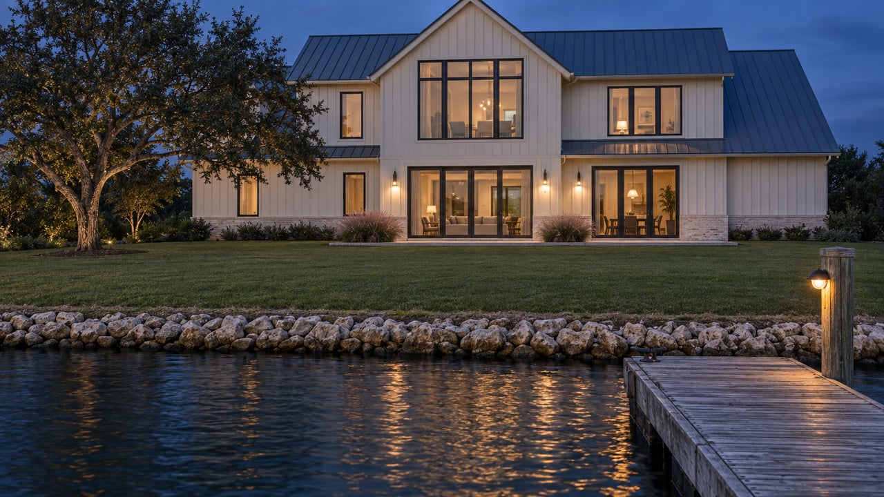 Canal-front house with cream siding, a broad lawn, and a timber dock lit by one amber lamp.