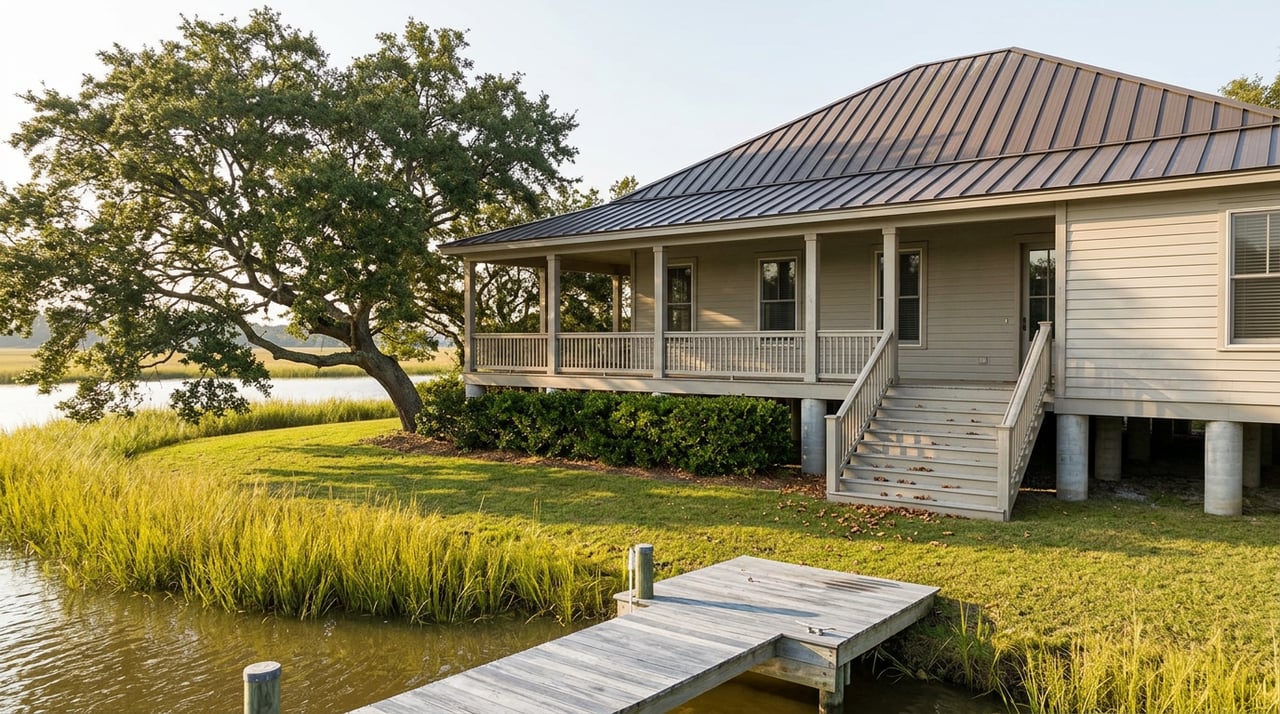 Raised single-story house with a covered porch beside a dock and calm marsh water, beneath a spreading live oak.