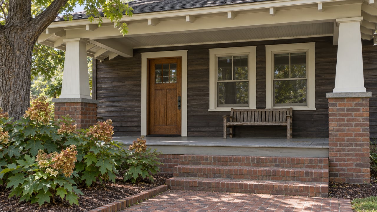 Wood-clad bungalow porch with tapered cream posts, red brick steps, and oakleaf hydrangeas in late-morning light.