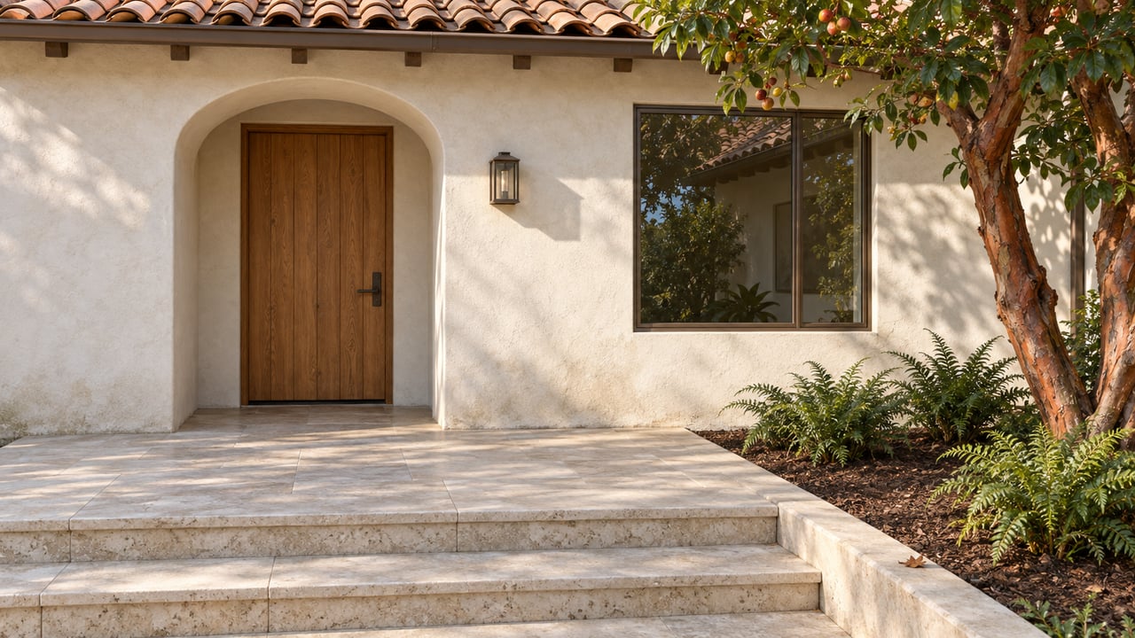 Ivory stucco home entry with a clay-tile roof, oak door, limestone steps and a strawberry tree beside a bronze-framed window.