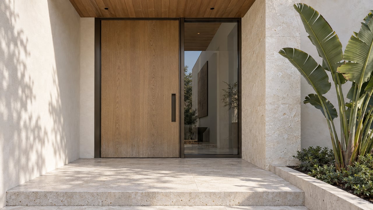 Oak entry door and bronze-framed glass beneath a cedar canopy, with limestone steps and a sculptural bird-of-paradise plant.